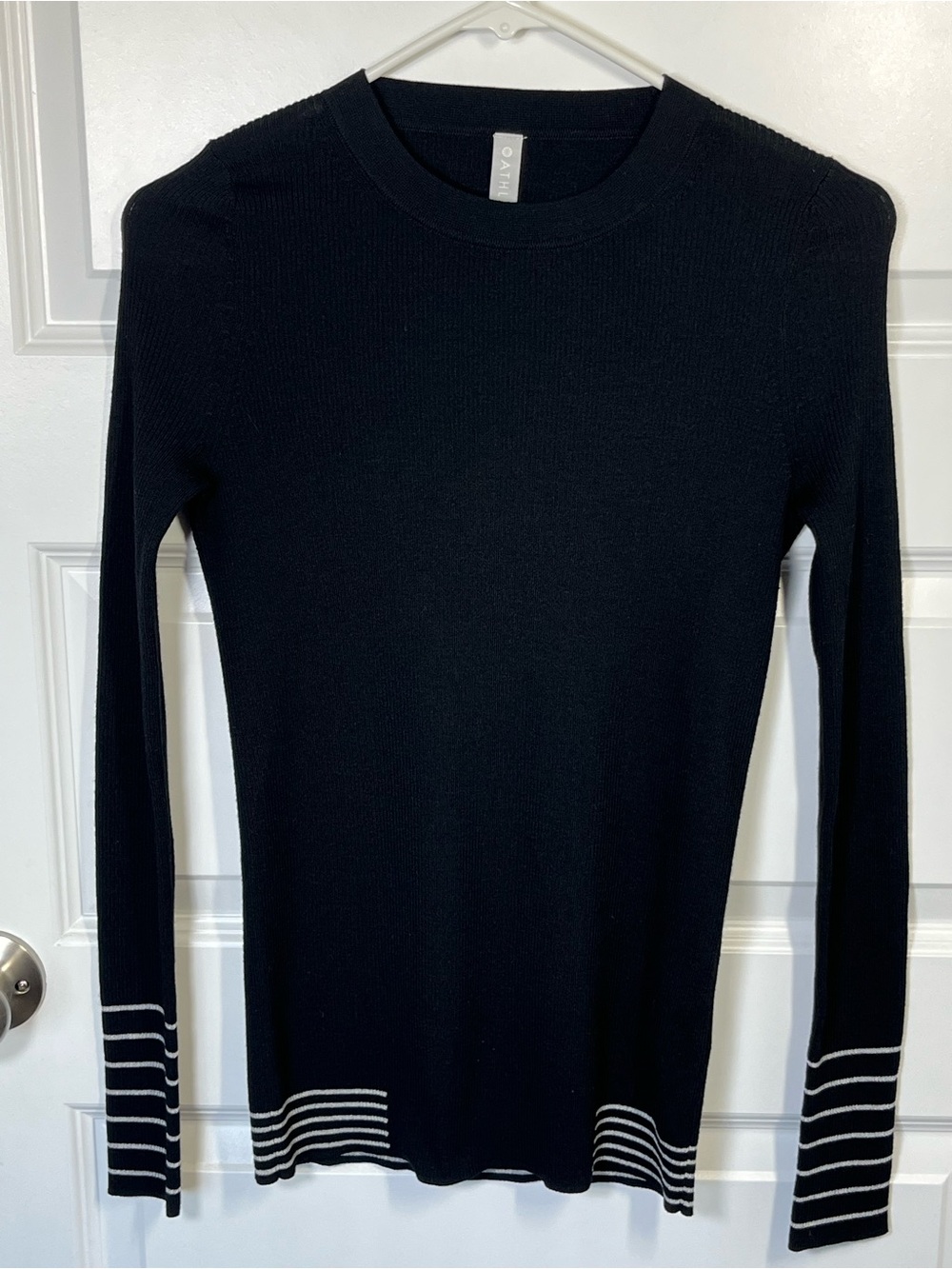 Athleta Black White Stripe Ribbed Wool Blend Sweater Small